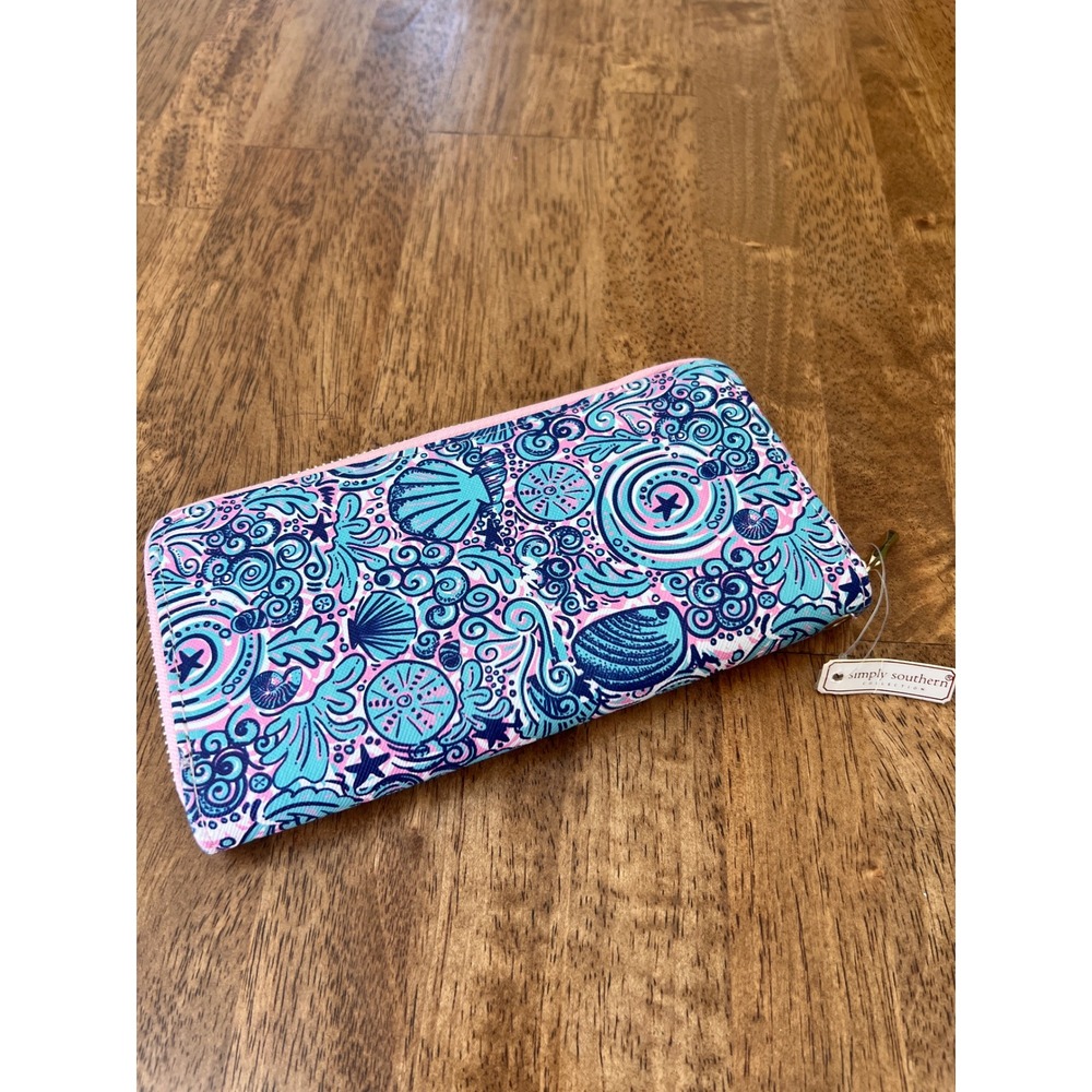 Simply Southern Nautical Seashell Zip Around Wallet Pink Blue